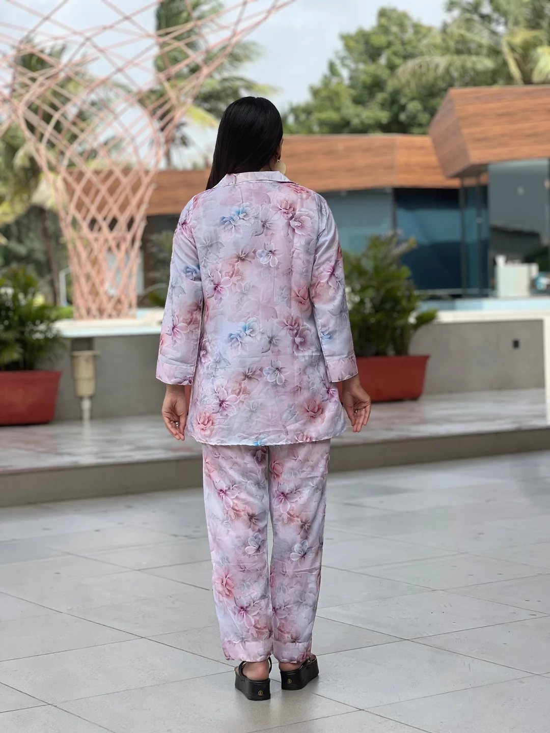 Two-Piece Floral Co-ord Set | Pastel Pink | Collar Shirt & Pants | XL Floral Coord for Women | Stylish Loungewear Set | Summer Festive Wear image 3