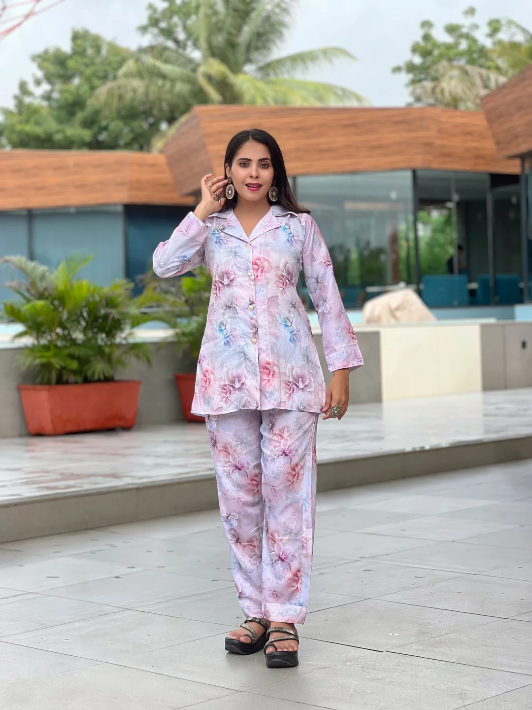Two-Piece Floral Co-ord Set | Pastel Pink | Collar Shirt & Pants | XL Floral Coord for Women | Stylish Loungewear Set | Summer Festive Wear image 1