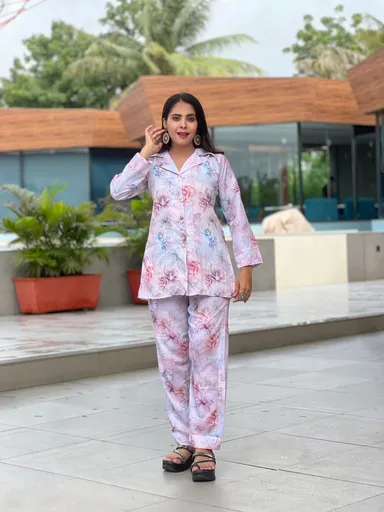 Two-Piece Floral Co-ord Set | Pastel Pink | Collar Shirt & Pants | XL Floral Coord for Women | Stylish Loungewear Set | Summer Festive Wear thumbnail 0