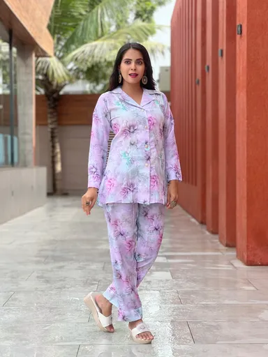 Two-Piece Floral Co-ord Set | Collar Shirt & Pants | Lavender | Women’s Medium | Summer Wear thumbnail 0