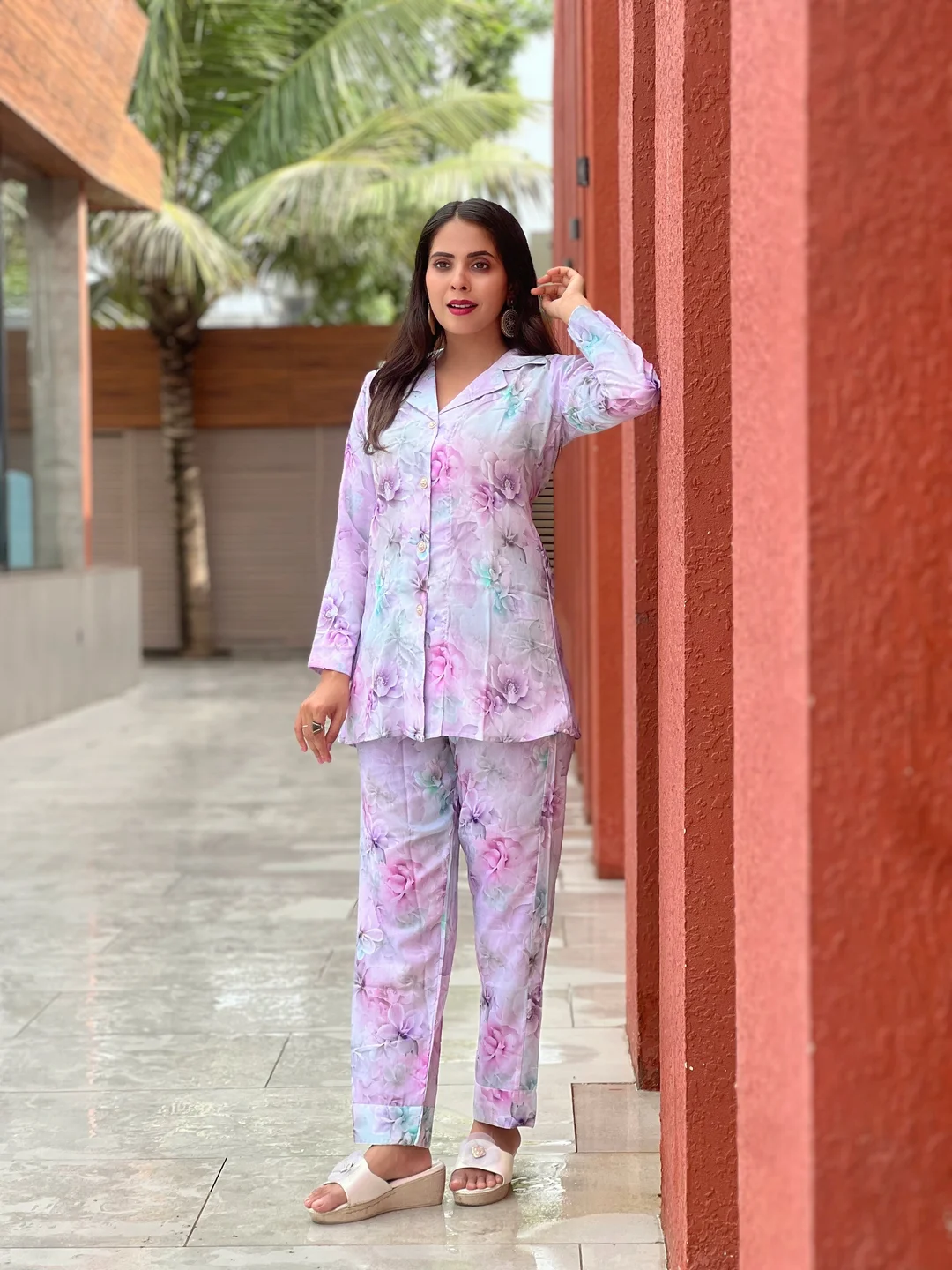 Two-Piece Floral Co-ord Set | Collared Shirt & Pants | Pastel Lavender XL image 2
