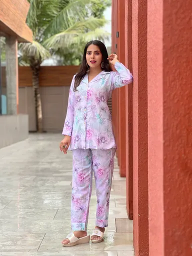 Two-Piece Floral Co-ord Set | Collared Shirt & Pants | Pastel Lavender XL thumbnail 1