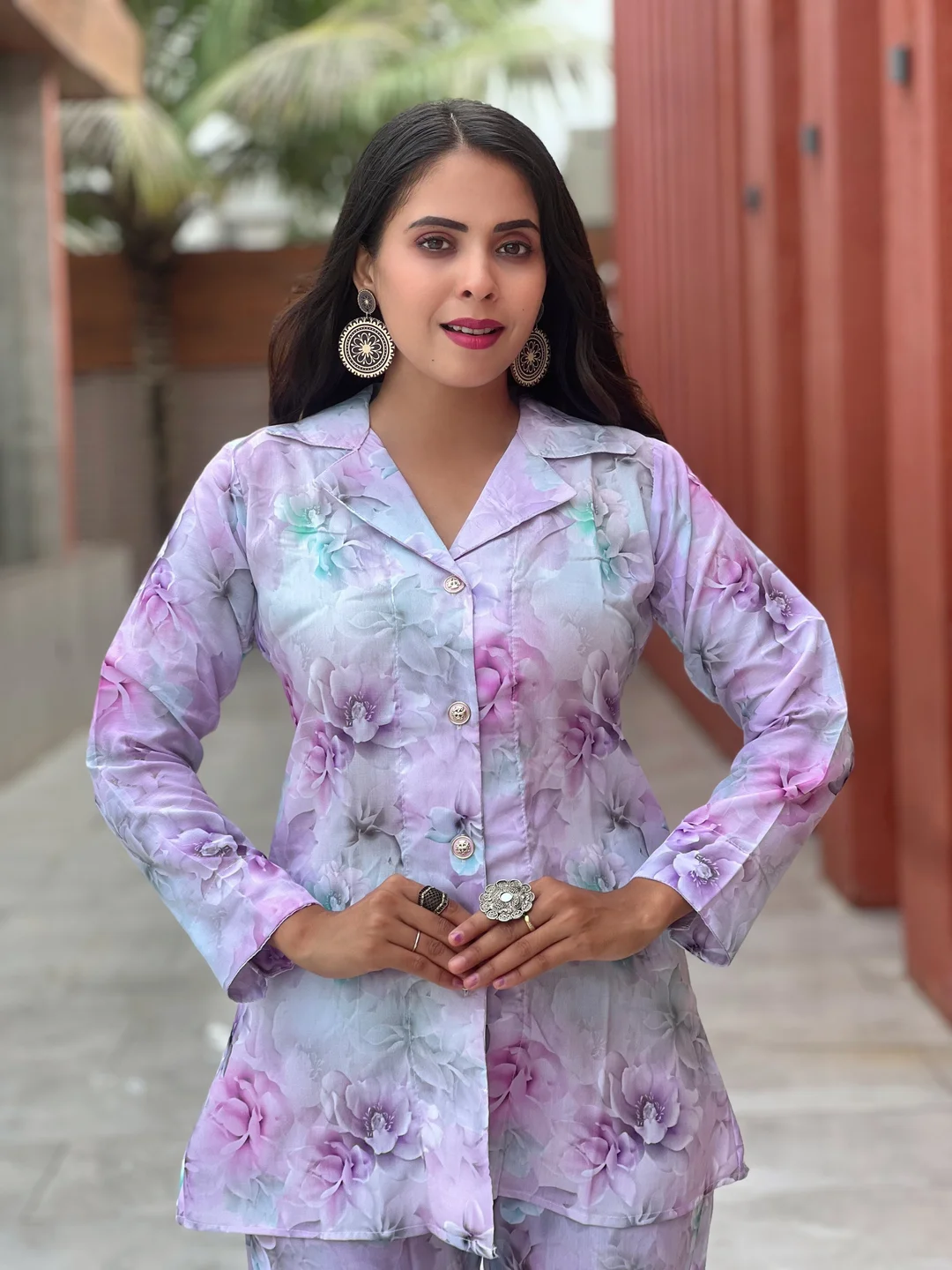 Two-Piece Floral Co-ord Set | Collared Shirt & Pants | Pastel Lavender XL image 3