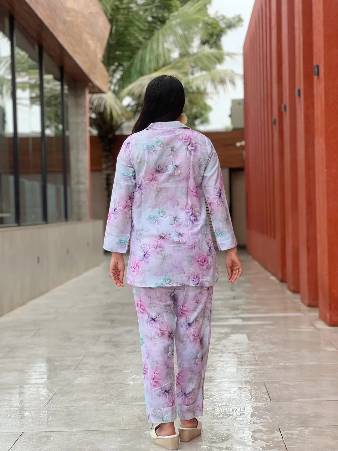 Two-Piece Floral Co-ord Set | Collared Shirt & Pants | Pastel Lavender XL image 4