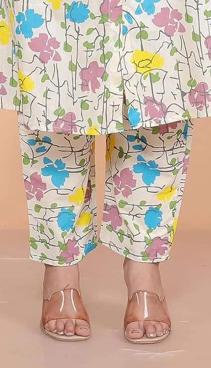 Cotton floral printed mandarin collar a-line kurti with pant set cream for women medium image 3
