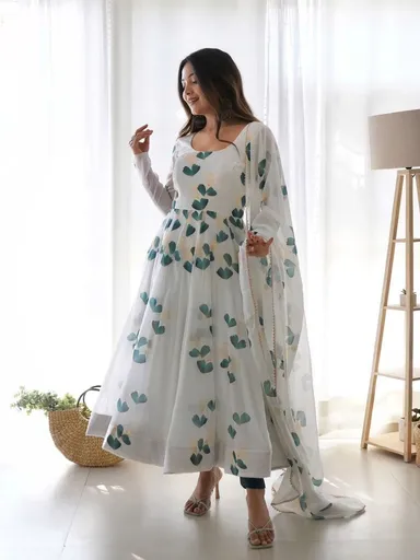 White Printed Anarkali Kurta Set | Elegant Cotton Floor‑Length | Casual & Festival Wear thumbnail 1
