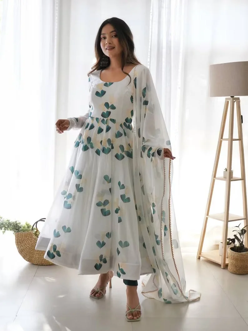 White Printed Anarkali Kurta Set | Elegant Cotton Floor‑Length | Casual & Festival Wear image 3