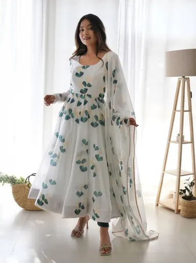 White Printed Anarkali Kurta Set | Elegant Cotton Floor‑Length | Casual & Festival Wear thumbnail 2