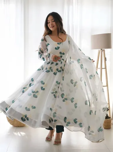 White Printed Anarkali Kurta Set | Elegant Designer Kurti XL | Indian Ethnic Wear | Casual & Party Wear thumbnail 0