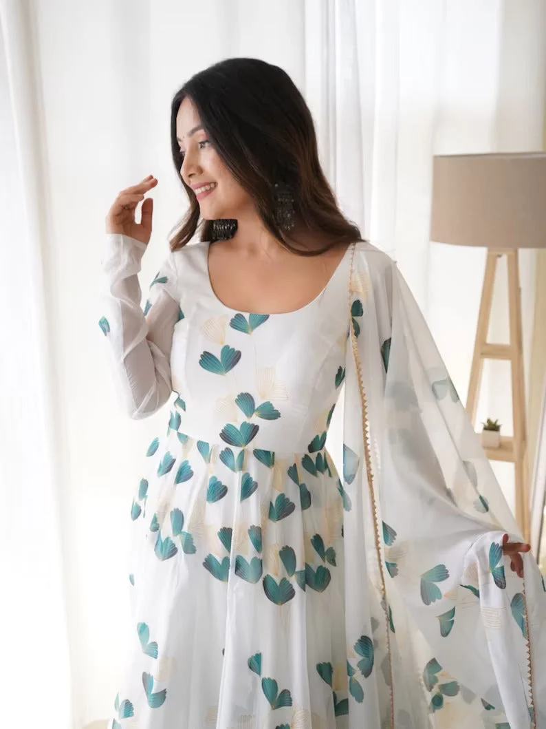 White Printed Anarkali Kurta Set | Elegant Designer Kurti XL | Indian Ethnic Wear | Casual & Party Wear image 3