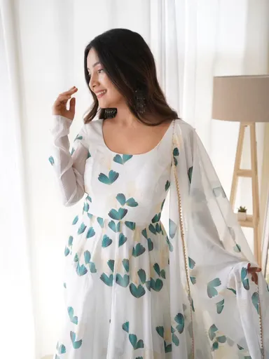 White Printed Anarkali Kurta Set | Elegant Designer Kurti XL | Indian Ethnic Wear | Casual & Party Wear thumbnail 2