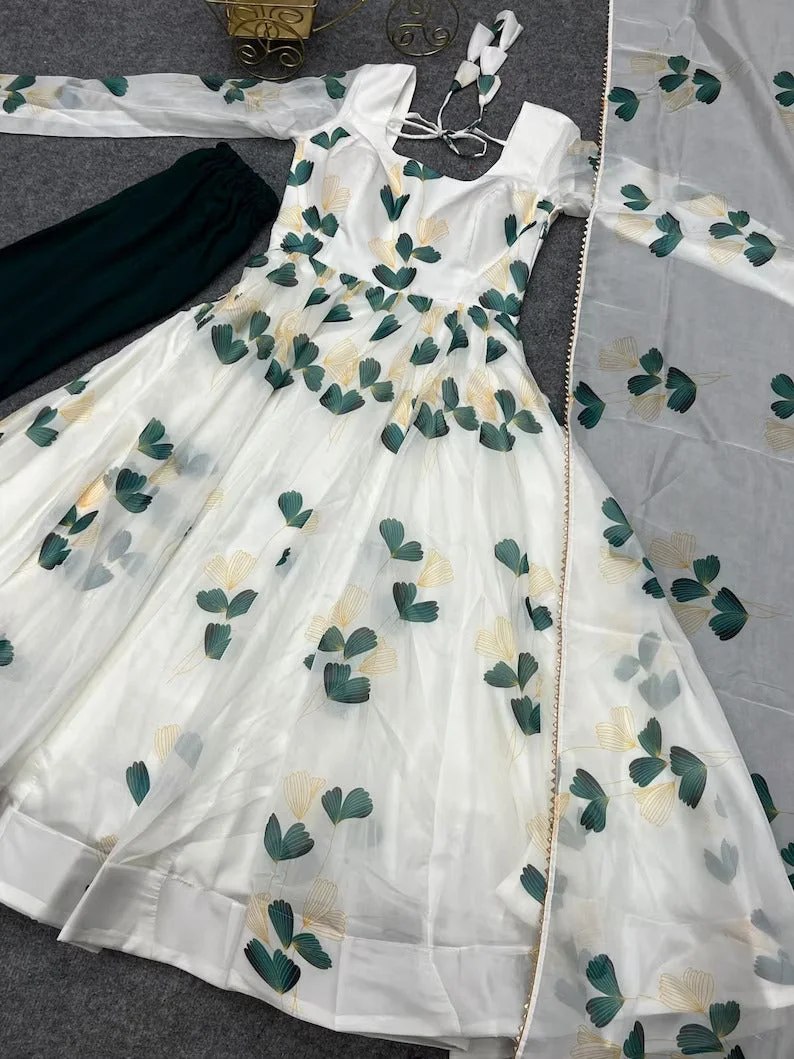 White Printed Anarkali Kurta Set | Elegant Designer Kurti XL | Indian Ethnic Wear | Casual & Party Wear image 4