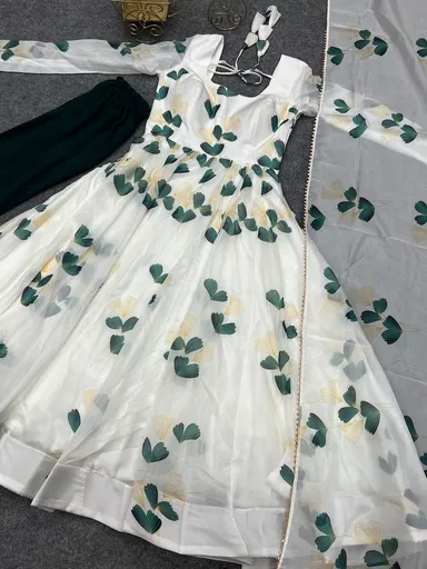 White Printed Anarkali Kurta Set | Elegant Designer Kurti XL | Indian Ethnic Wear | Casual & Party Wear thumbnail 3
