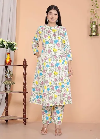 Women’s Cotton Floral Printed A-Line Kurti with Pant | Mandarin Collar | Cream XXL | Plus Size Office & Daily Wear thumbnail 0