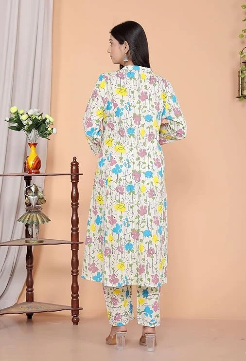Women’s Cotton Floral Printed A-Line Kurti with Pant | Mandarin Collar | Cream XXL | Plus Size Office & Daily Wear image 2