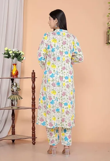 Women’s Cotton Floral Printed A-Line Kurti with Pant | Mandarin Collar | Cream XXL | Plus Size Office & Daily Wear thumbnail 1