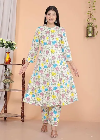Women’s Cotton Floral Printed A-Line Kurti with Pant | Mandarin Collar | Cream XXL | Plus Size Office & Daily Wear thumbnail 3