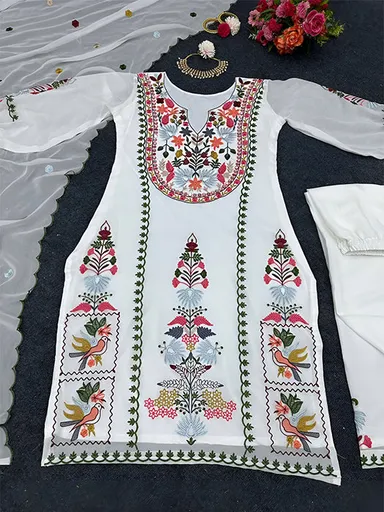 White Embroidered Straight Kurta Suit With Pant Set | Elegant Ethnic Floral Work | Large thumbnail 3