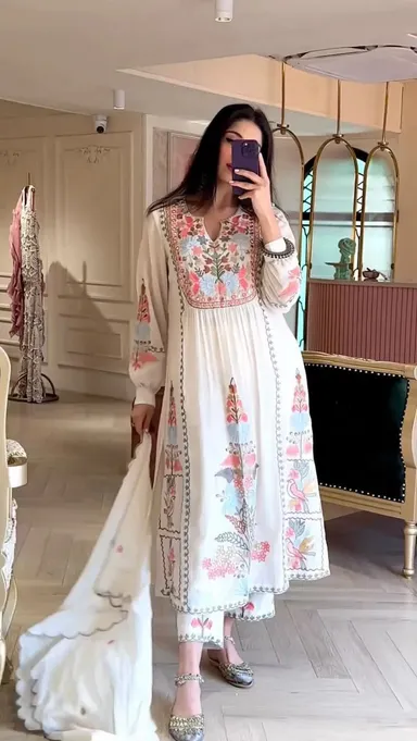 White Embroidery Work Straight Kurta Suit With Pant Set | Elegant Cotton Chikankari Style XL thumbnail 0