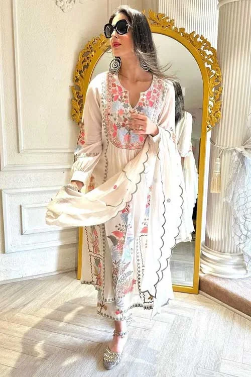 White Embroidery Work Straight | Kurta Suit With Pant Set ‑ XXL | Chikankari & Lace Embroidered |Cotton Kurta Pant Co‑Ord image 2