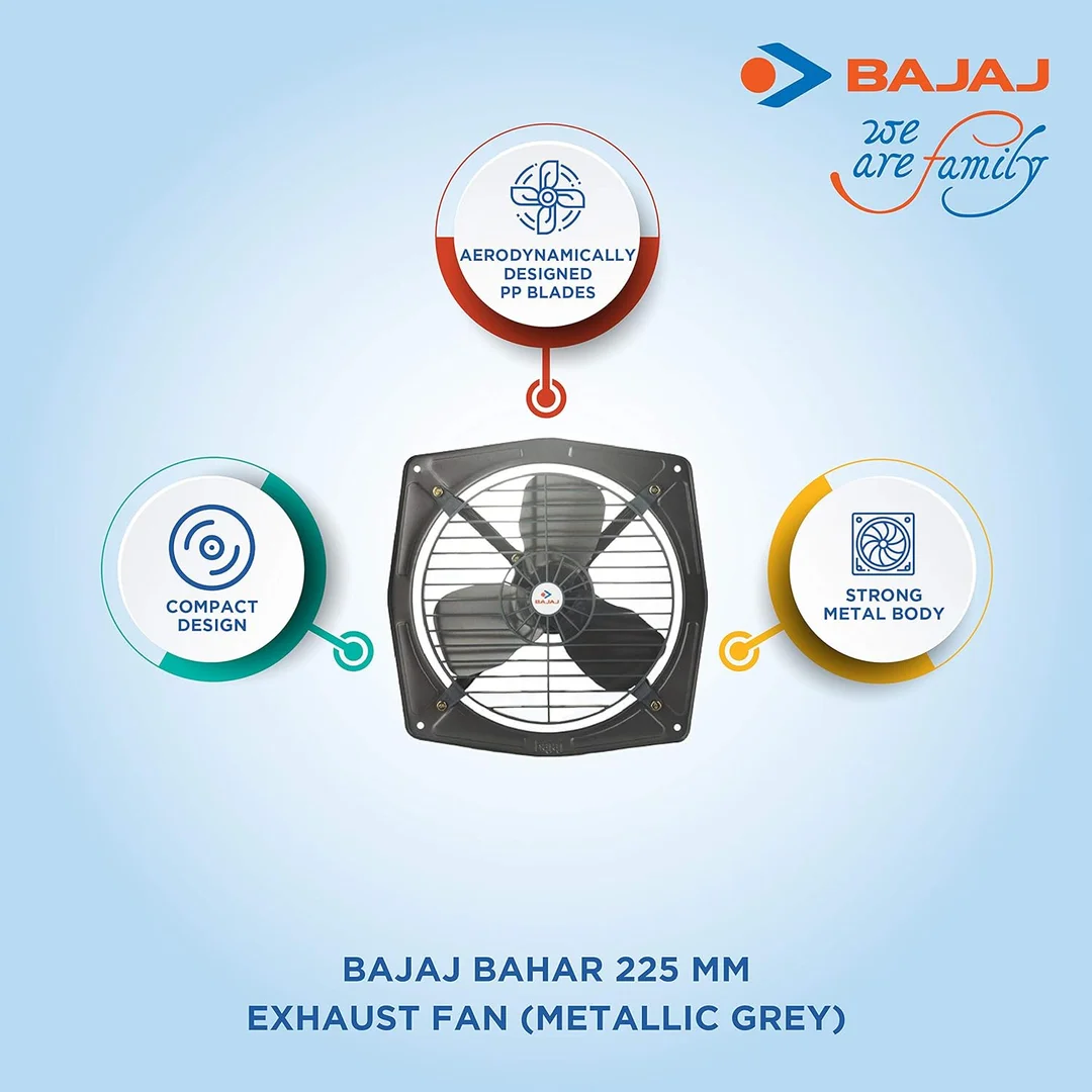 Bajaj Bahar 225 mm Exhaust Fan - Energy Efficient, Low Power Consumption, Quiet Operation | High Air Delivery, Metallic Grey Exhaust Fan for Kitchen & Bathroom image 2