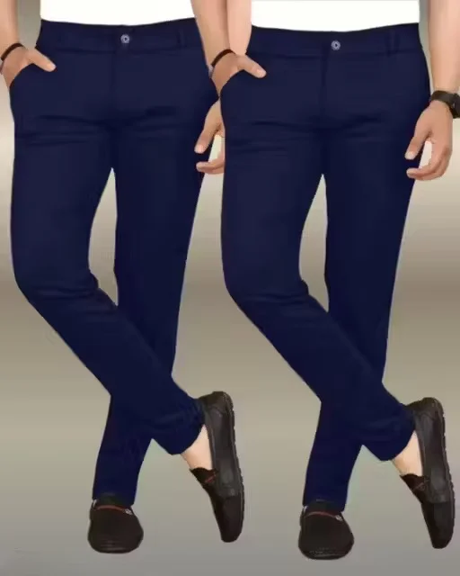 Men’s blue Lycra Wrinkle-Free Trousers L Size Pack of 2 | Solid Stretch Pants for Men Boys image 1
