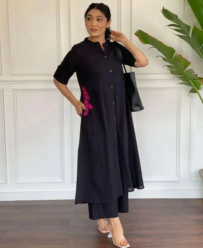 Women Cotton Embroidered | A-Line Kurti with Palazzo | Black Medium Size | Festive Casual Wear image 2