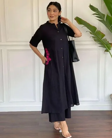 Women Cotton Embroidered | A-Line Kurti with Palazzo | Black Medium Size | Festive Casual Wear thumbnail 1