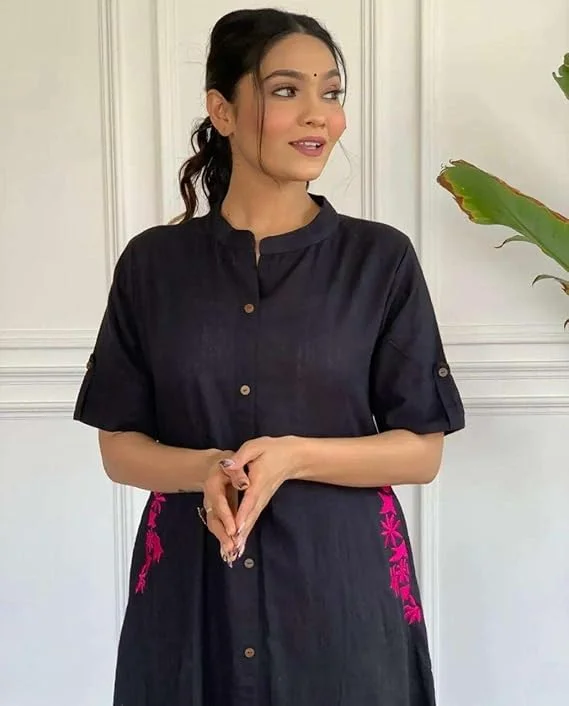 Women Cotton Embroidered | A-Line Kurti with Palazzo | Black Medium Size | Festive Casual Wear image 4