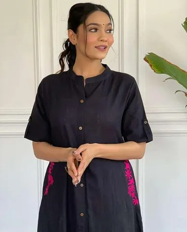Women Cotton Embroidered | A-Line Kurti with Palazzo | Black Medium Size | Festive Casual Wear thumbnail 3