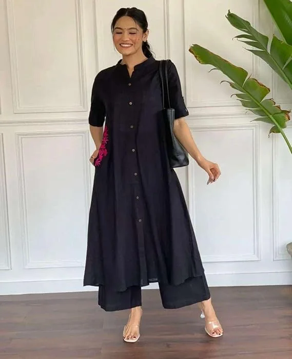 Women Cotton Embroidered | A-Line Kurti with Palazzo | Black Medium Size | Festive Casual Wear image 1