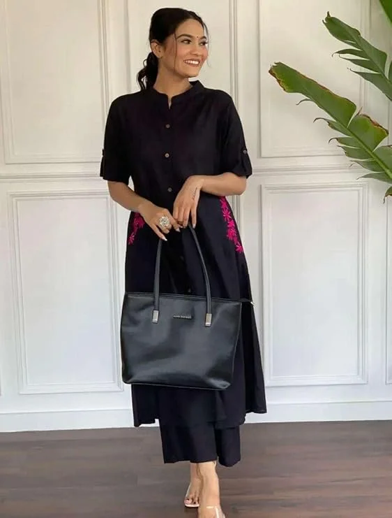 Cotton Embroidered Long Kurti with Palazzo | A Line Kurta Set Black XXL | Women Ethnic Wear Outfit image 3