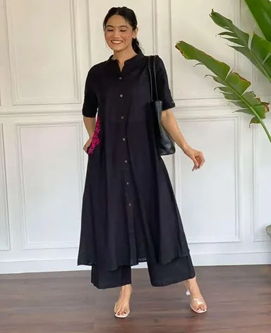 Cotton Embroidered Long Kurti with Palazzo | A Line Kurta Set Black XXL | Women Ethnic Wear Outfit thumbnail 0