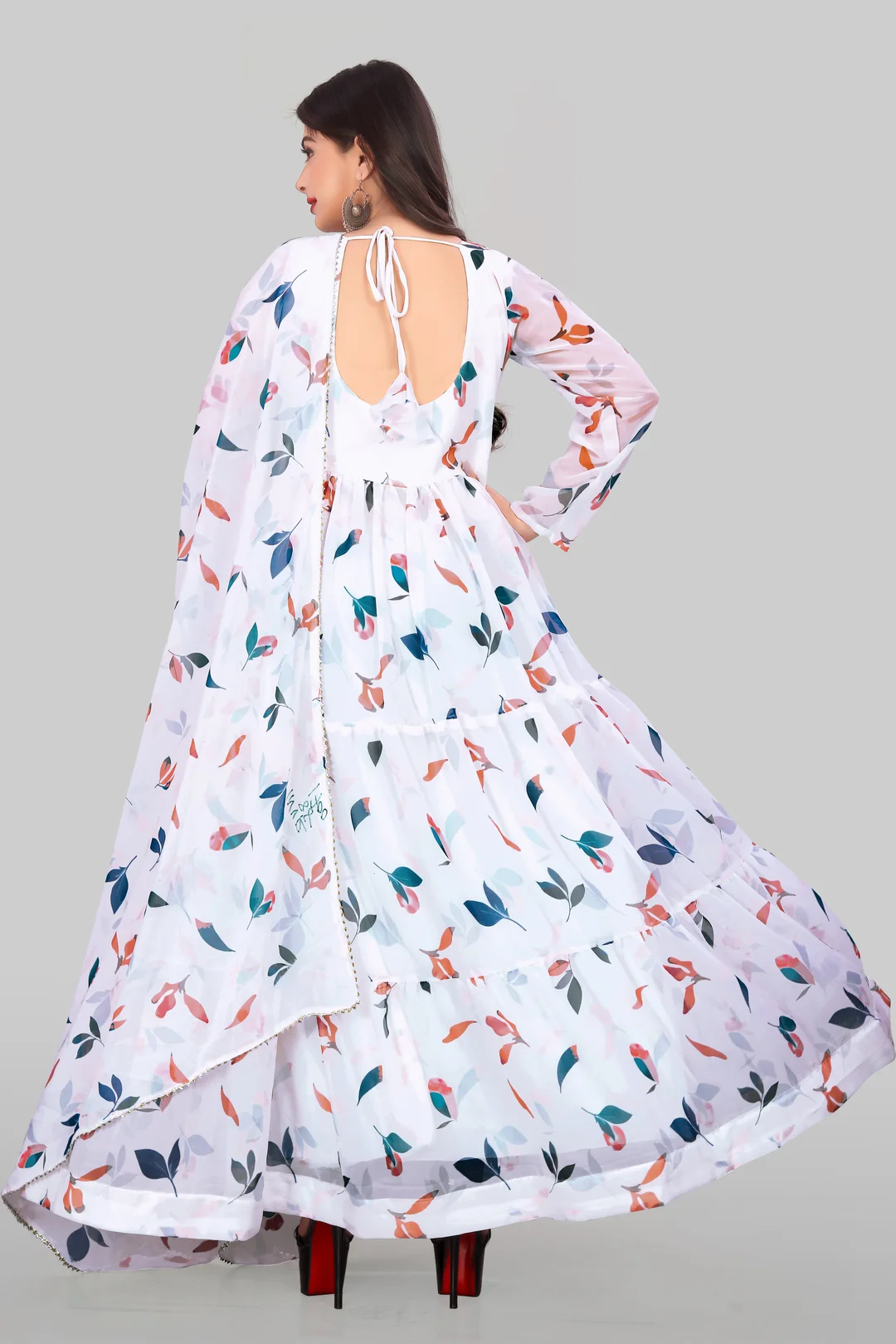 White Printed Georgette Anarkali Suit | Ethnic Kurta Set for Women Medium | Party Wear & Festive Lightweight Flared Design image 4