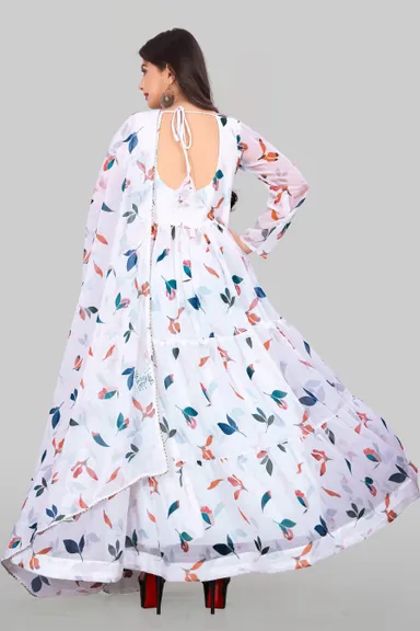 White Printed Georgette Anarkali Kurta Suit | XL Size Ethnic Wear for Women | Long Flowing Dress Style thumbnail 3