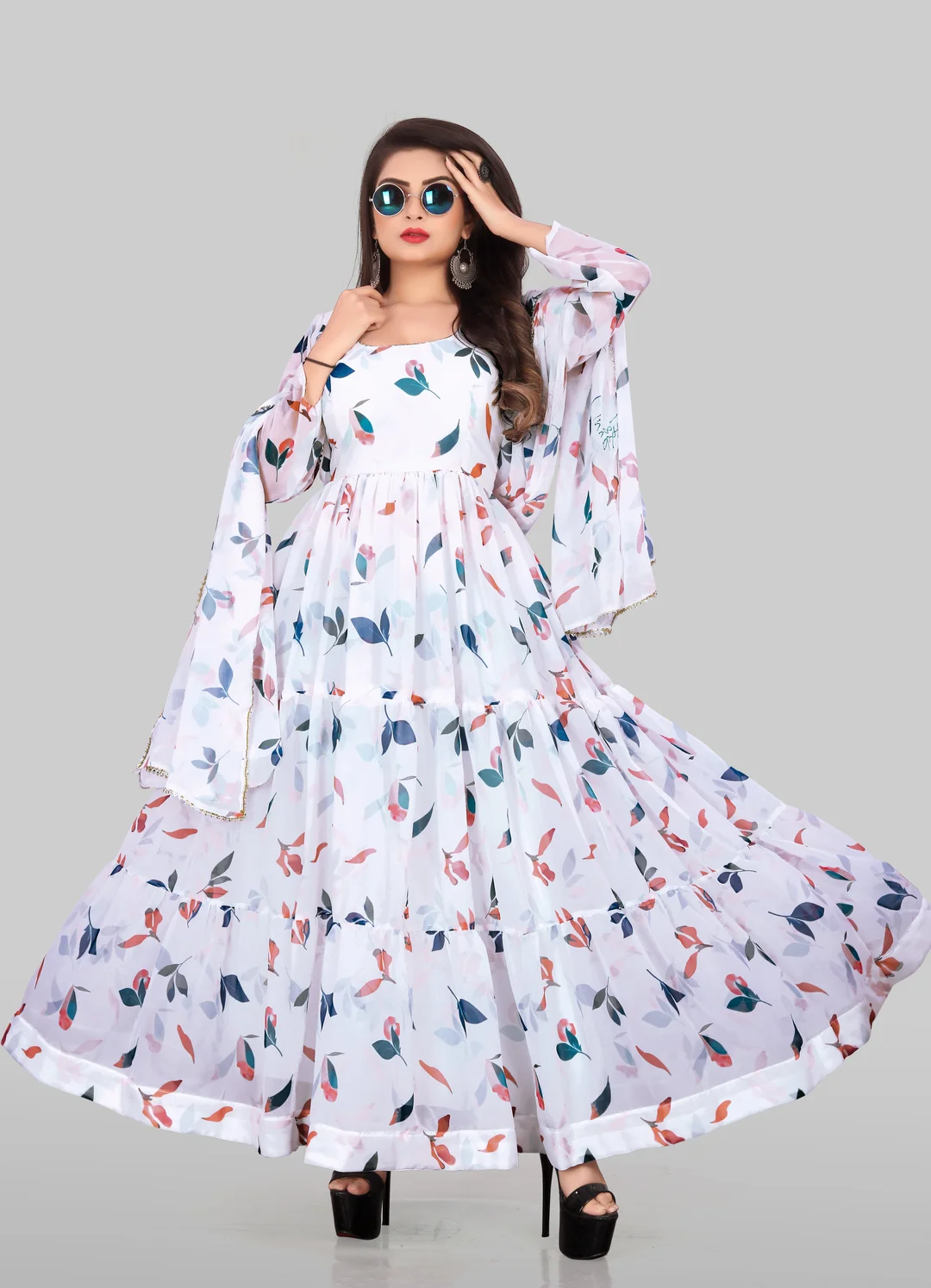White Printed Georgette Anarkali Kurta Suit | Elegant Flowy Anarkali XXL | Party Wear Ethnic Dress image 1