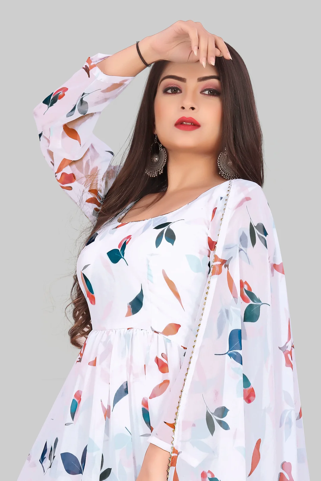 White Printed Georgette Anarkali Kurta Suit | Elegant Flowy Anarkali XXL | Party Wear Ethnic Dress image 2