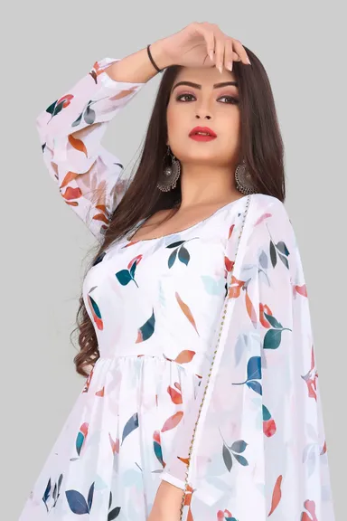 White Printed Georgette Anarkali Kurta Suit | Elegant Flowy Anarkali XXL | Party Wear Ethnic Dress thumbnail 1