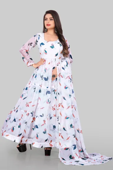 White Printed Georgette Anarkali Kurta Suit | Elegant Flowy Anarkali XXL | Party Wear Ethnic Dress thumbnail 2
