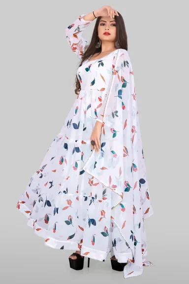 White Printed Georgette Anarkali Kurta Suit | Elegant Flowy Anarkali XXL | Party Wear Ethnic Dress thumbnail 3