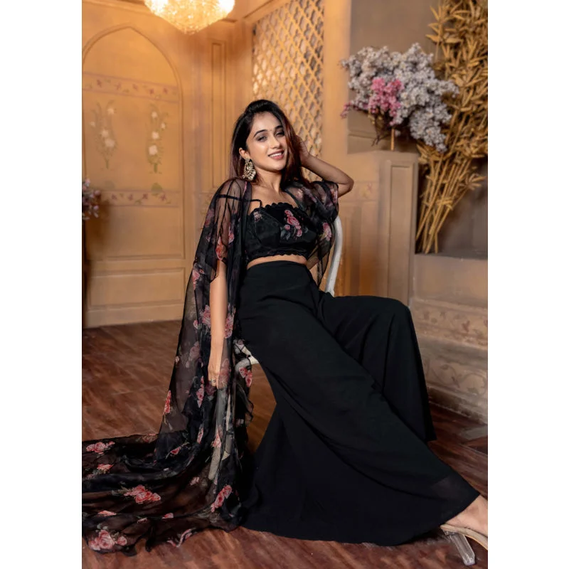 Women Black Floral Top | Jacket and Palazzo Set Small | Floral Print Ethnic Wear | Stylish Casual Outfit image 2