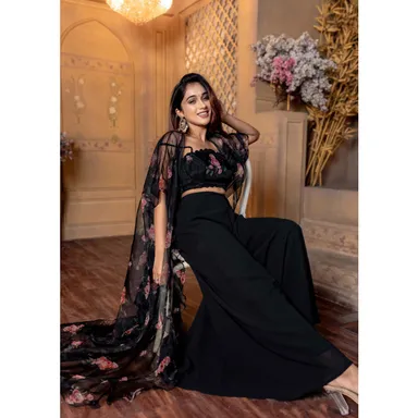 Women Black Floral Top | Jacket and Palazzo Set Small | Floral Print Ethnic Wear | Stylish Casual Outfit thumbnail 1