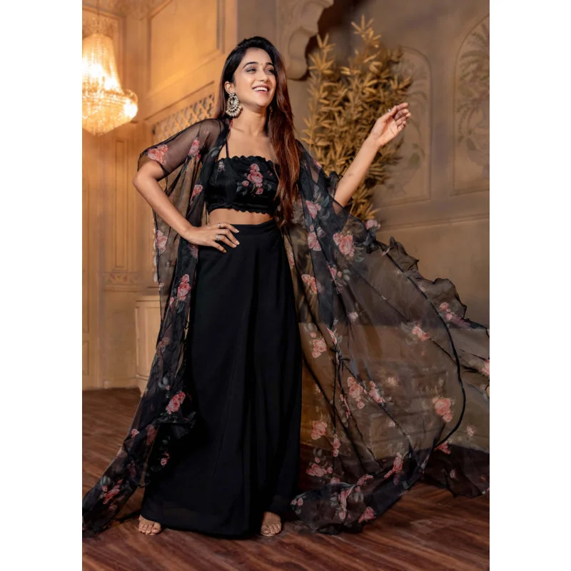 Women Black Floral Top | Jacket And Palazzo Set Medium | Ethnic Wear Casual & Party Outfit image 1
