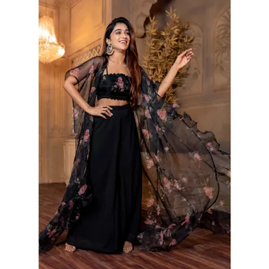 Women Black Floral Top | Jacket and Palazzo Set, Stylish Ethnic Wear | Large Size thumbnail 0