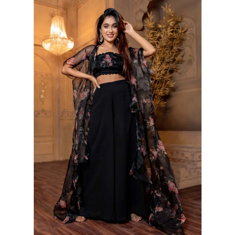 Women Black Floral Top | Jacket and Palazzo Set, Stylish Ethnic Wear | Large Size image 3