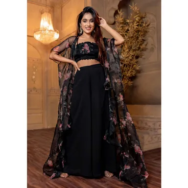 Women Black Floral Top | Jacket and Palazzo Set, Stylish Ethnic Wear | Large Size thumbnail 2