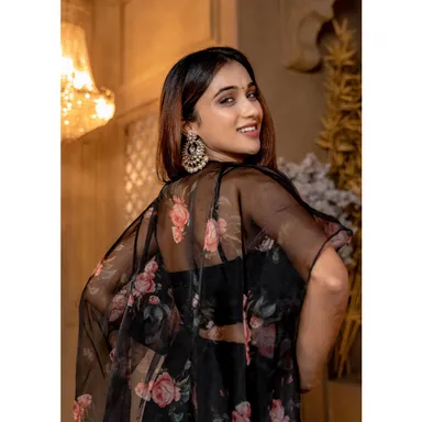 Women Black Floral Top | Jacket and Palazzo Set, Stylish Ethnic Wear | Large Size thumbnail 3