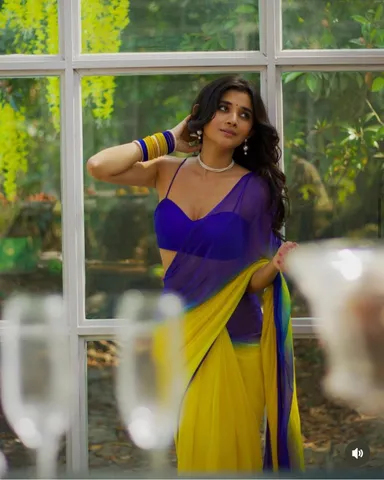 Yellow & Blue Georgette Saree ‒ Dual‑Tone Ombre Lightweight Smooth Fabric for Party / Festive Wear Free Size thumbnail 0