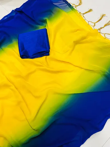 Yellow & Blue Georgette Saree ‒ Dual‑Tone Ombre Lightweight Smooth Fabric for Party / Festive Wear Free Size thumbnail 5