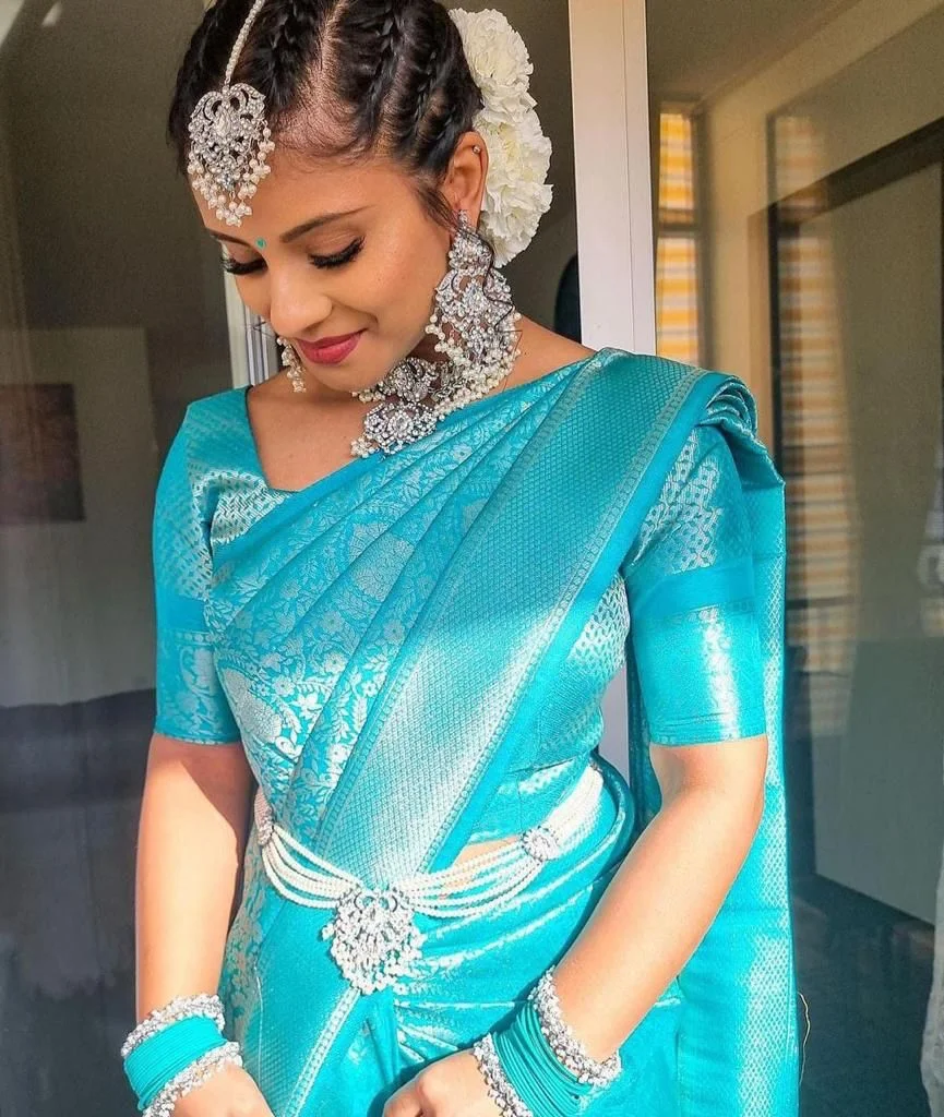 Kanchipuram Silk Jacquard Border Saree| Light Blue| Soft Lichi Silk| Wedding & Party Wear| Women’s Designer Saree image 1